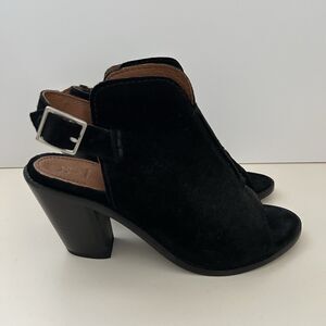 Frye Courtney Black Suede Leather Sling Back Peep Toe Mule Heels Size 7.5B